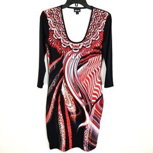 Just Cavali Women Abstract Printed Pencil Dress size 44 US 8 Red Black Red